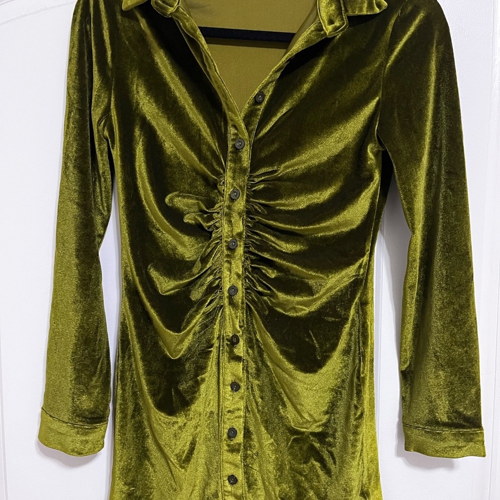 Olive Green Velvet Button-Up Top